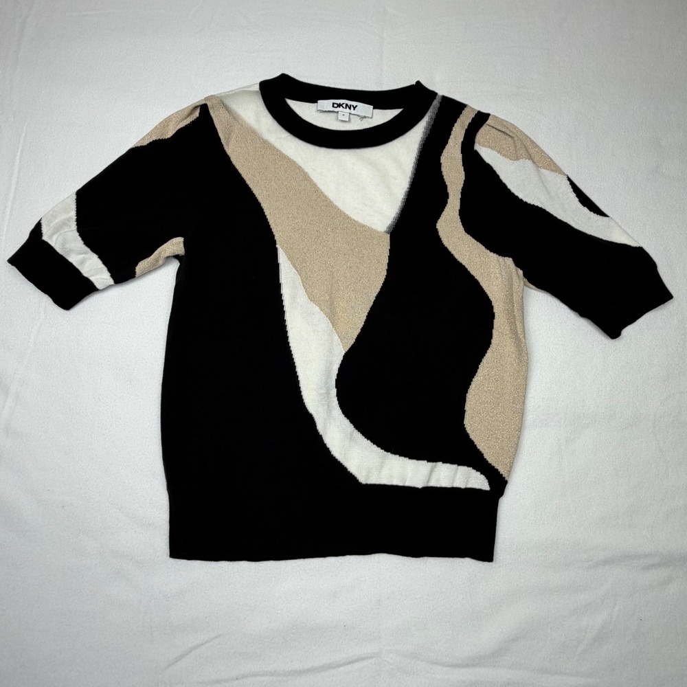 DKNY Womens Abstract Colorblock Short‎ Sleeve Sweater Black Tan Metallic Medium